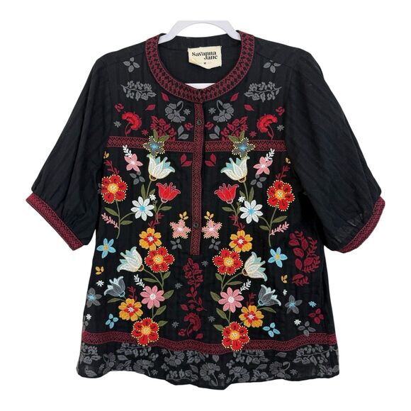 Savanna Jane Embroidered Top Size Medium Beaded Flowers Short Sleeve Cotton - Picture 2 of 12